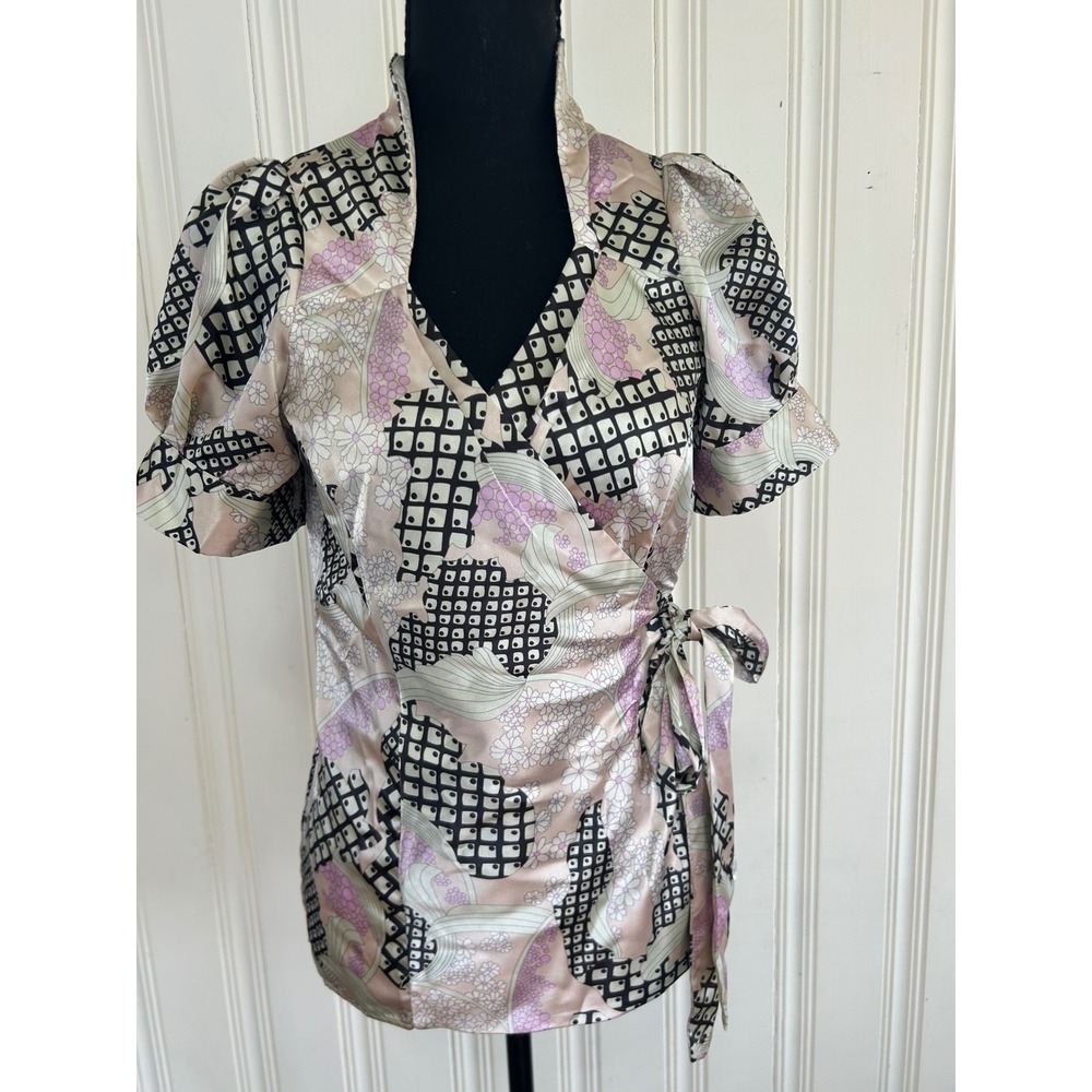 BCBG MAXAZRIA Women S Pink Floral Y2K Satin Wrap Blouse Puff Sleeve Retro Mod